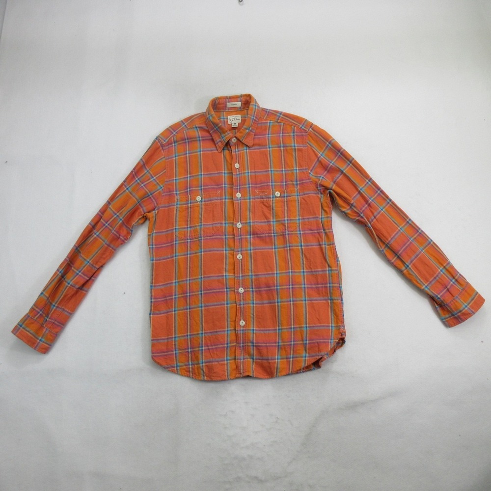 J.Crew Men's Shirt Size M Plaid Orange Blue Every Stitch Considered Button-Up